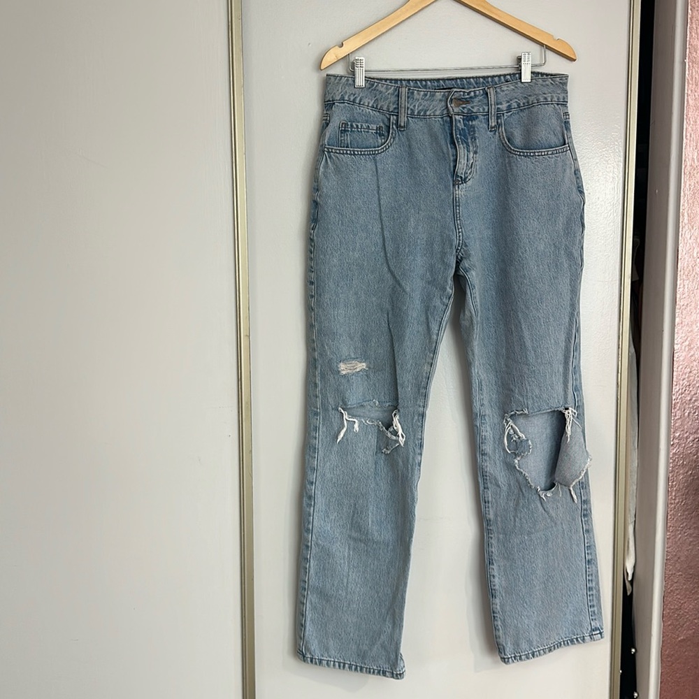 MOVING SALE Fashion Nova Slouch Fit Blue Wide Leg Ripped Knee Denim - Picture 4 of 10